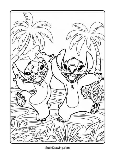 Coloring page featuring two stitch characters dancing joyfully in a tropical setting