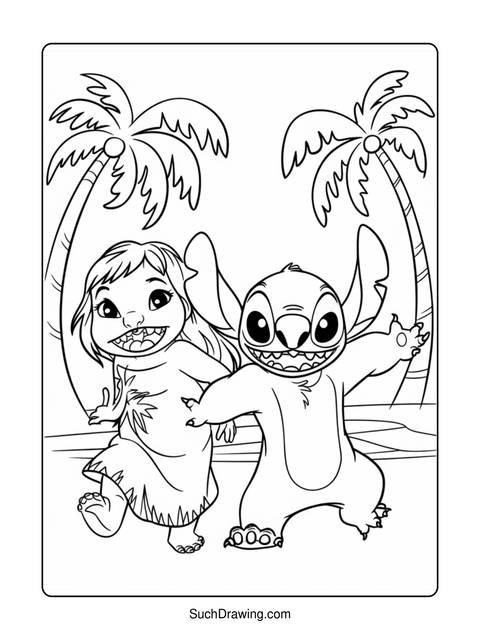 A black and white coloring page of lilo and stitch on a beach