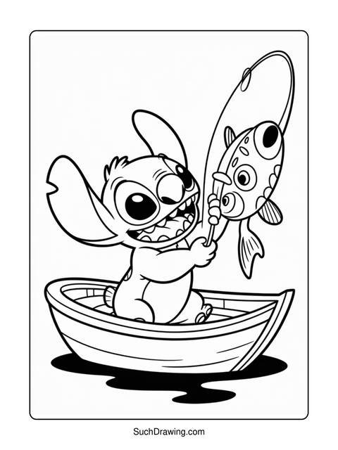 Stitch, the disney character, fishing from a small boat with a large fish