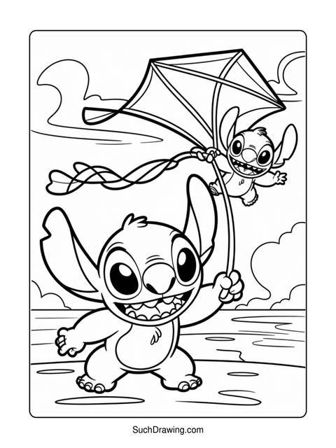 Line art of stitch holding a kite with another stitch flying