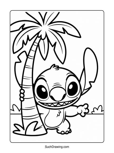 Black and white coloring page of stitch from lilo and stitch next to palm tree