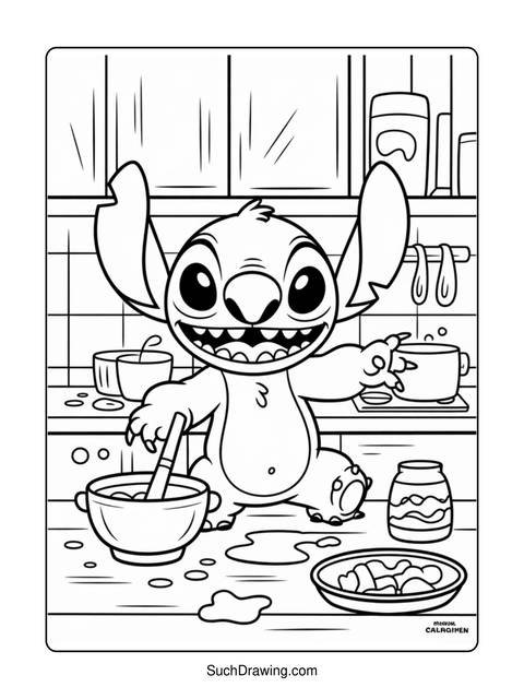 A coloring page of stitch in a kitchen, stirring a bowl with a spoon
