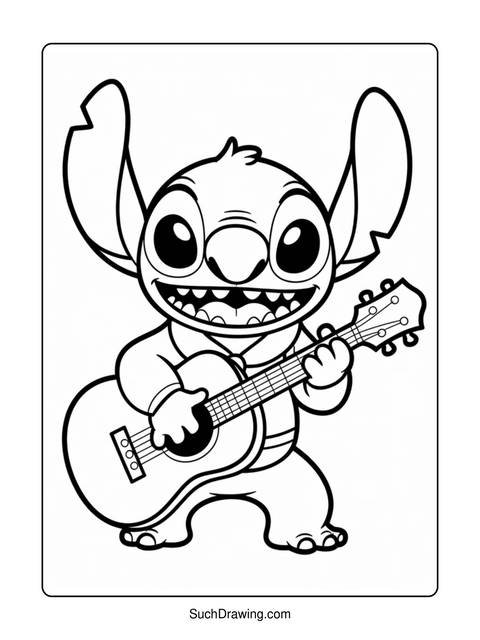 Black and white line drawing of stitch from lilo & stitch playing guitar