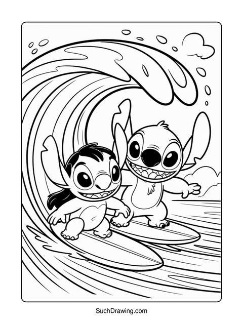 Black and white drawing of stitch and lilo surfing a large wave