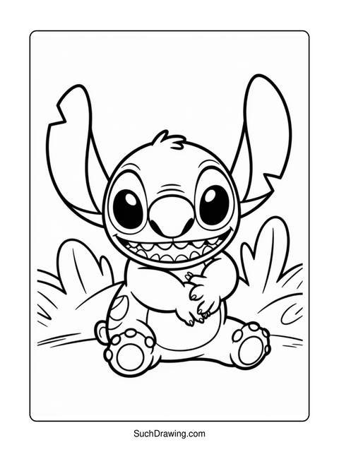 Line art of stitch from lilo and stitch, smiling and sitting down