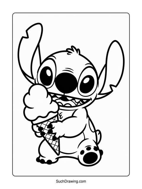 Black and white line art of stitch holding an ice cream cone