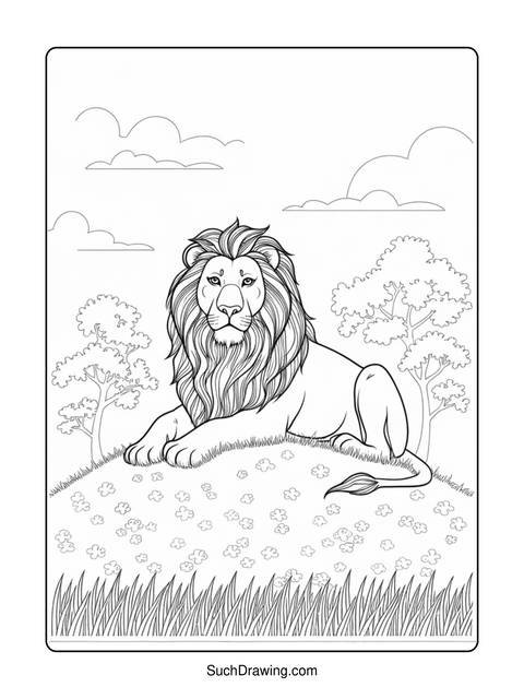 A detailed black and white illustration of a lion resting on a grassy hill