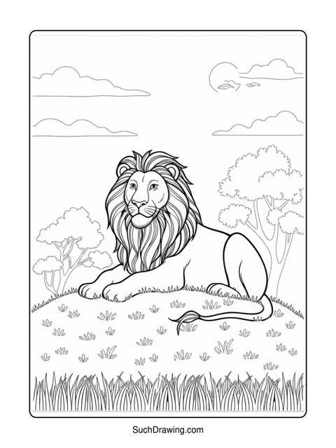 Black and white coloring page of a lion resting on a grassy hill