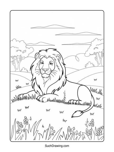 Line art of a lion resting in a grassy field, ready to be colored