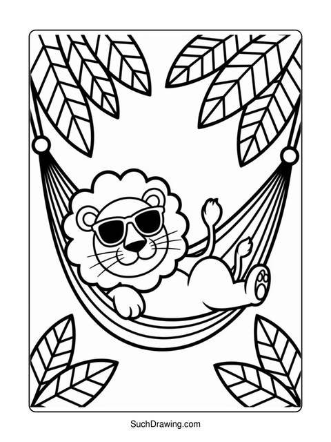 A lion wearing sunglasses relaxing in a hammock, surrounded by leaves