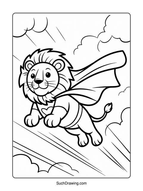 A cartoon lion wearing a cape, flying through the sky with clouds