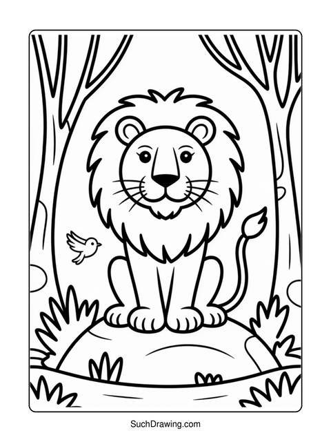 Line art of a lion sitting on a rock with a small bird