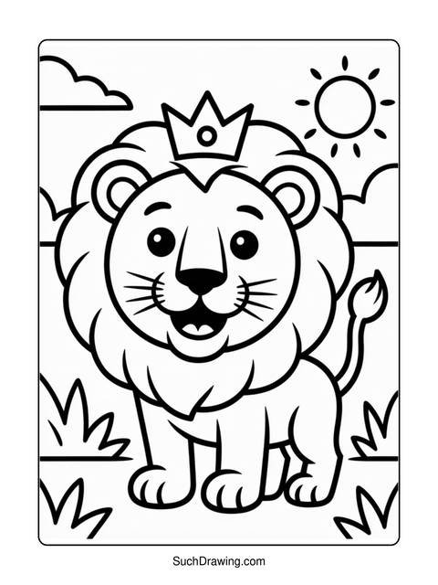 A cartoon lion wearing a crown, with a sun and clouds in the background
