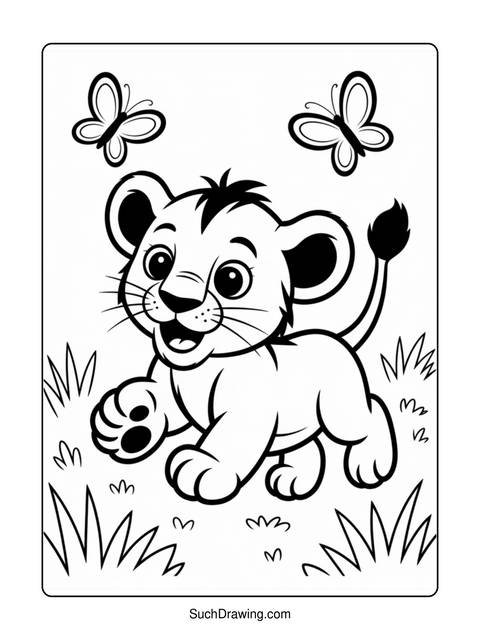 Black and white coloring page of a lion cub with butterflies and grass