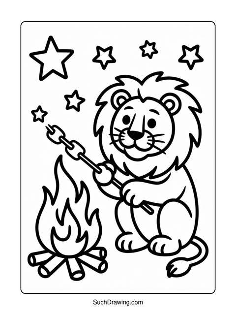 A lion roasting marshmallows over a campfire with stars in the background