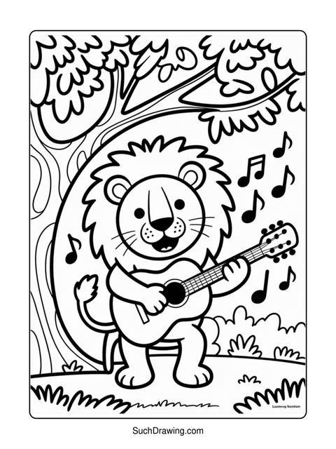 A lion playing a guitar under a tree, surrounded by musical notes