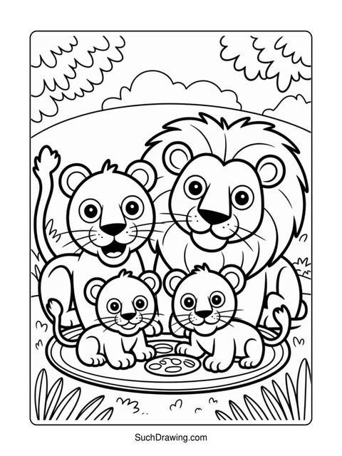 A coloring page of a lion family with two cubs and a plate