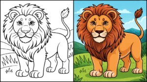 Lion coloring pages: a majestic lion in color and outline for coloring