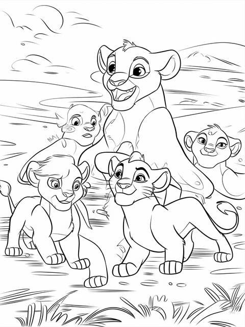 Lion guard coloring page: a playful scene of lion cubs and a lioness