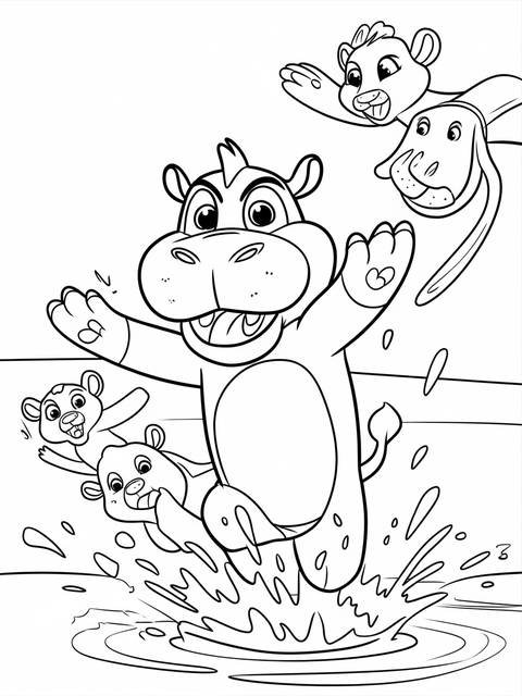 Lion guard's beshte the hippo splashing in water with other lion guard characters