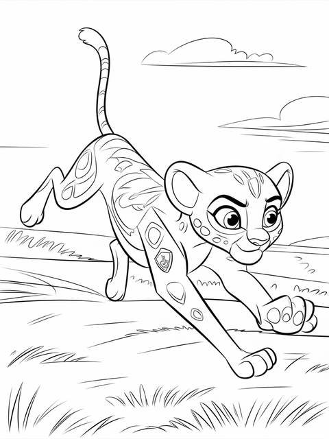 Line art of fuli the cheetah from the lion guard, leaping across the savanna
