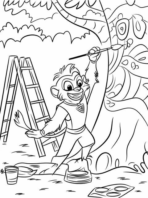 Coloring page of rafiki the mandrill from the lion guard, holding a paintbrush