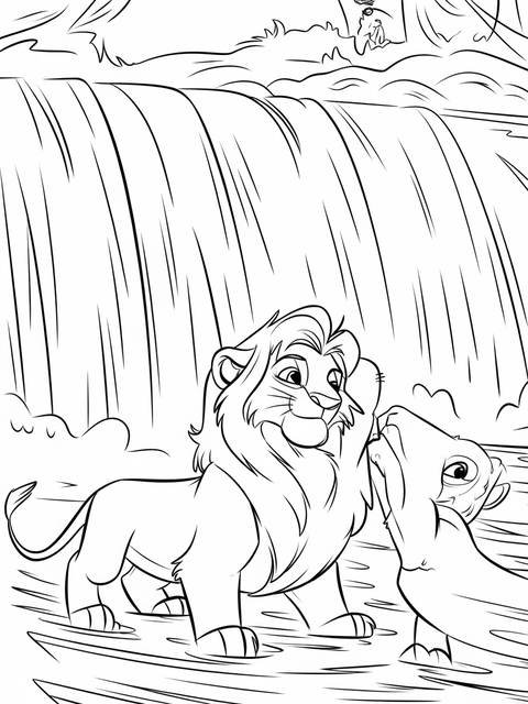 Lion king cover art: a serene waterfall scene with two lions interacting