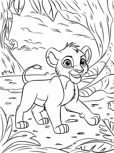 Lion king coloring page featuring a young nala exploring the lush environment