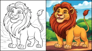 Lion king coloring page: a smiling lion, with a colored and a line art version
