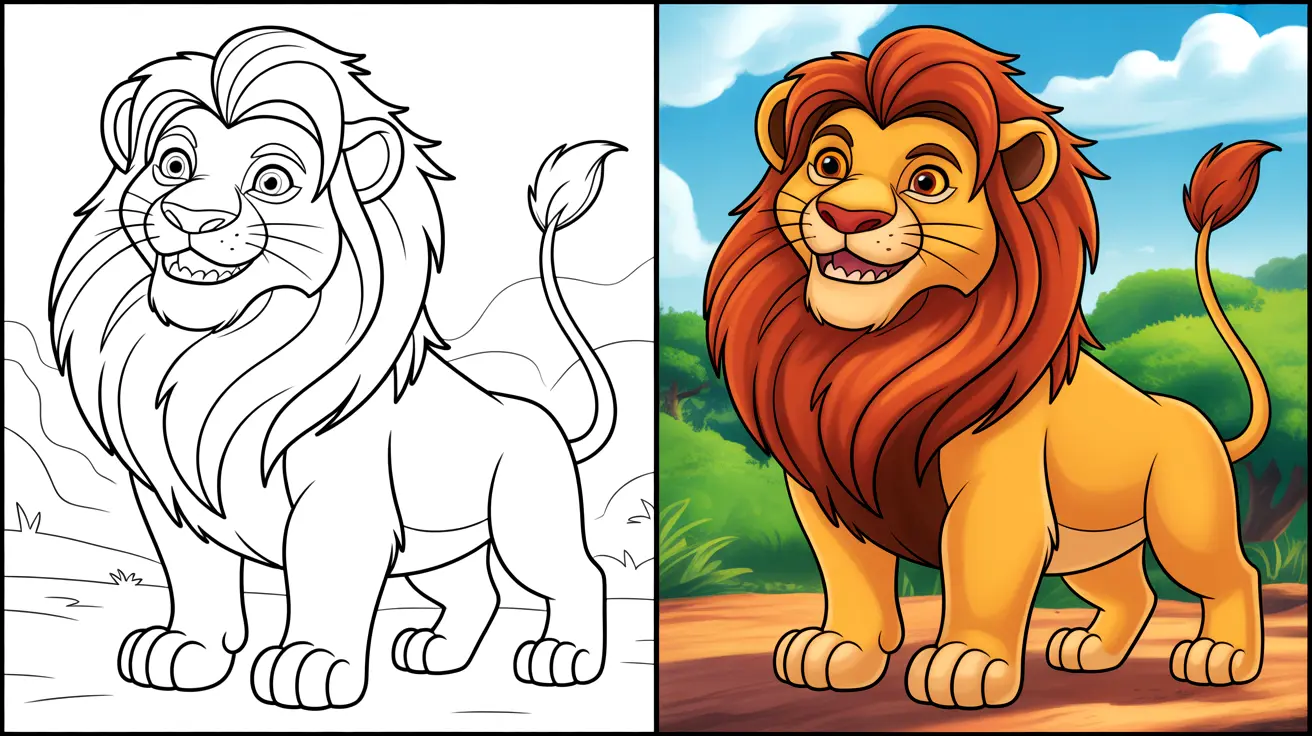Lion king coloring page: a smiling lion, with a colored and a line art version
