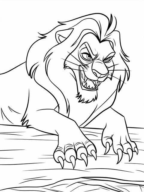 Lion king's scar with a menacing grin, a coloring page ready for creativity