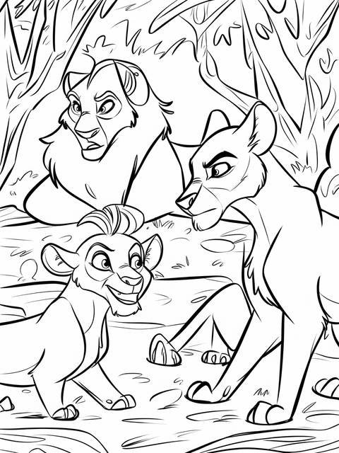 Lion king coloring page depicts hyenas lurking in the shadows, ready to pounce