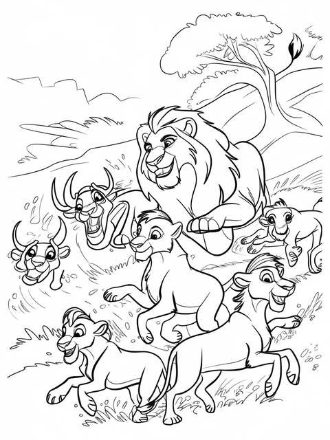 Lion king coloring page of a wildebeest stampede with lions and other animals