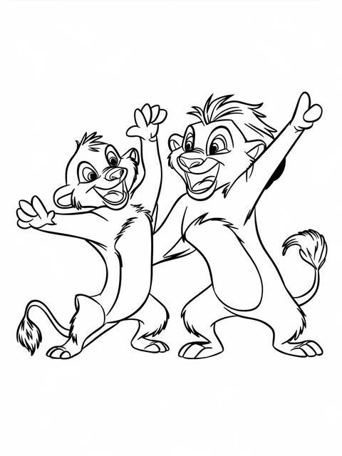 Line drawing of timon and pumbaa from the lion king dancing and celebrating