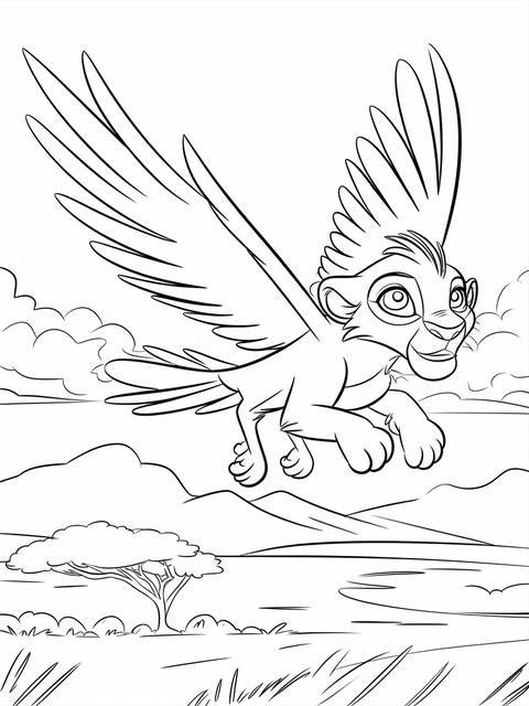 Lion king's zazu flying above the savanna, a coloring page illustration