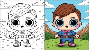 Lol coloring page: cute cartoon character with big eyes, colored and uncolored