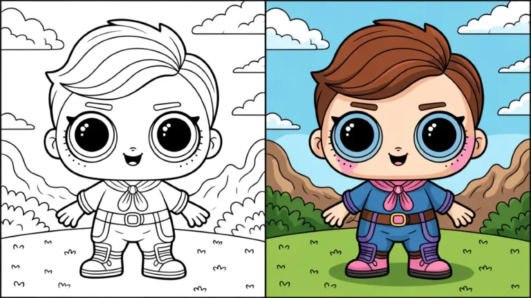Lol coloring page: cute cartoon character with big eyes, colored and uncolored