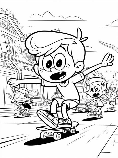 Lincoln loud from loud house skateboarding with friends on a sunny street