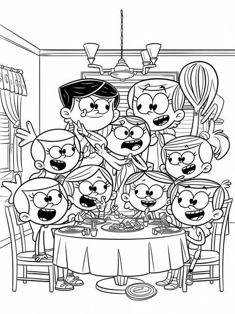 The loud family gathered around a table, a coloring page illustration