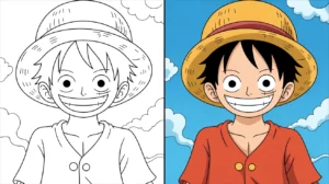 Luffy coloring page: a two-panel image, one colored, one a line drawing
