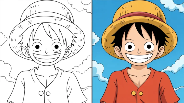 Luffy coloring page: a two-panel image, one colored, one a line drawing