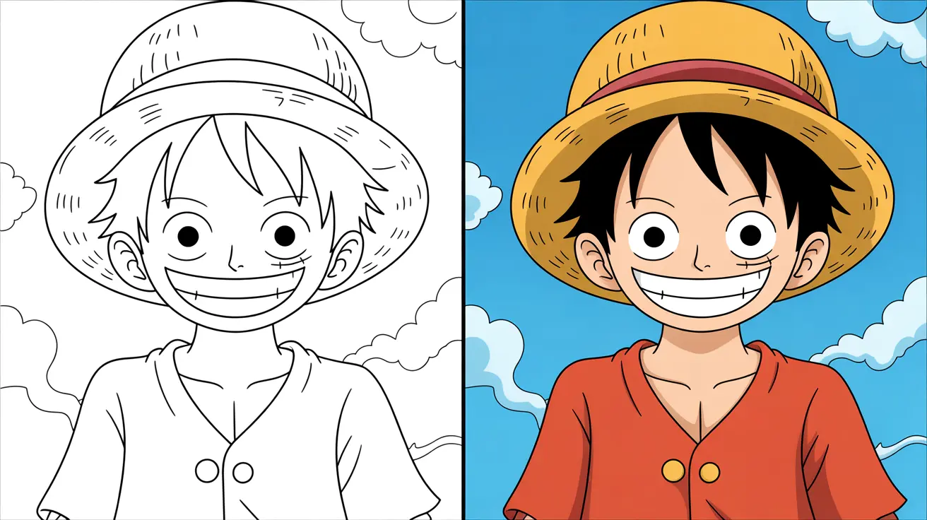 Luffy coloring page: a two-panel image, one colored, one a line drawing
