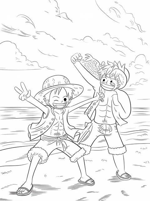 Luffy and chopper from one piece playing on a sunny day, line art