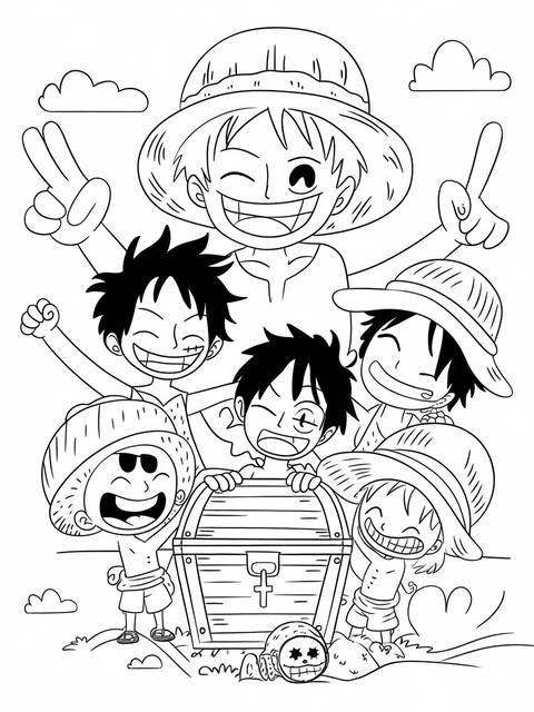 Luffy and his friends from one piece, smiling around a treasure chest, line art
