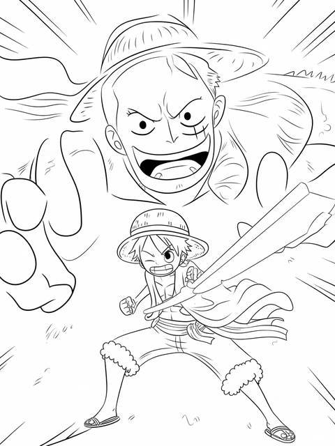 Luffy battling a giant enemy, ready for combat, with a straw hat