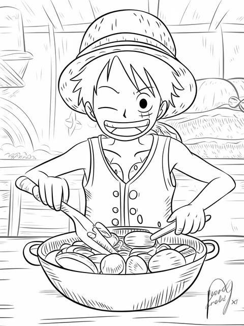 Luffy from one piece cooking his favorite meat dish in a large pot, smiling