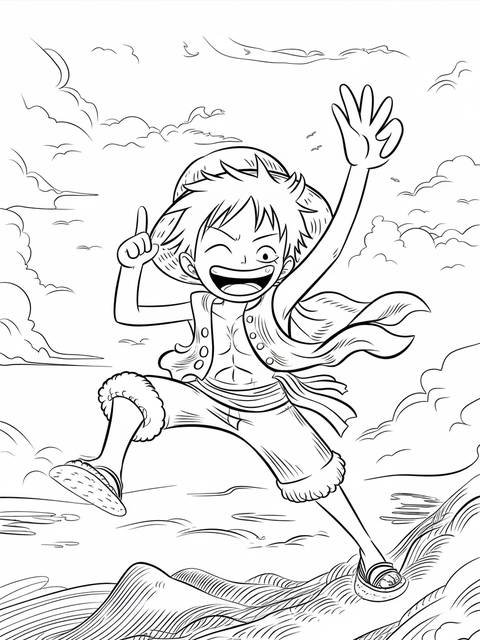 Luffy from one piece in a playful pose, smiling and raising his arms