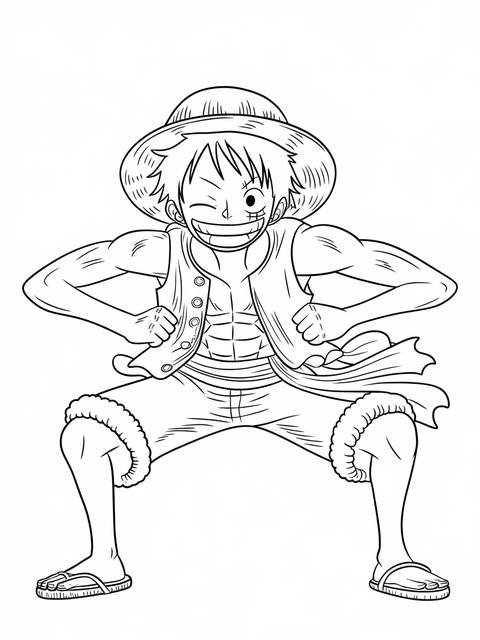 Line art of luffy in his gear fourth transformation, winking and smiling