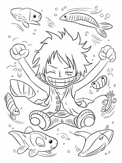 Luffy from one piece laughing with a wide grin, surrounded by aquatic life