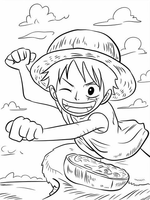 Coloring page of luffy stretching his arm to grab something, wearing his straw hat